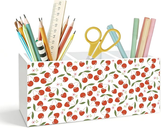 Cute Cherry Pen Holder for Desk, Cherry Gifts for Women, Girly Aesthetic Cherries Floral Wooden Box Pencil Pen Holder Organizer for Home Office Desk Accessories