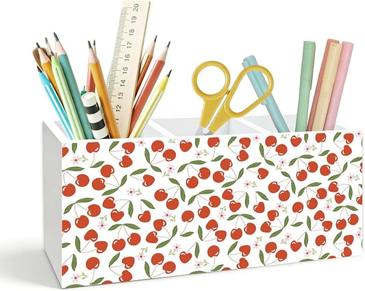 Cute Cherry Pen Holder for Desk, Cherry Gifts for Women, Girly Aesthetic Cherries Floral Wooden Box Pencil Pen Holder Organizer for Home Office Desk Accessories
