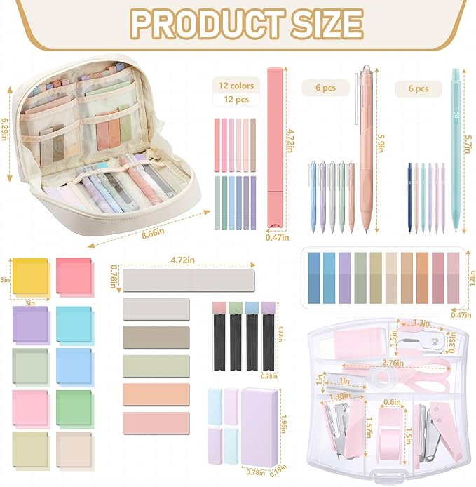 Sinload 60 Pcs Aesthetic Book Annotation Kit Pencil Case with Highlighter Gel Pen Mechanical Pencil Magnetic Bookmarks Transparent Sticky Note Tabs Mini Office Supplies(Cream Beige)