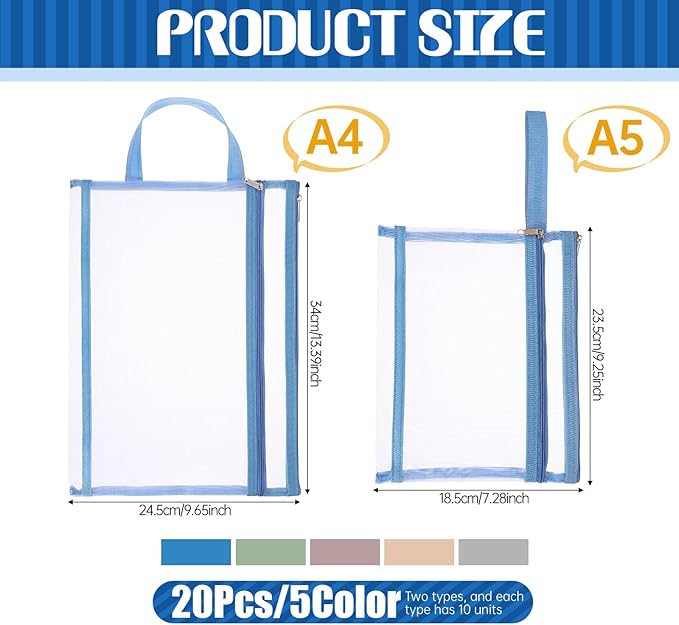 SHENLIU 20 Pack Mesh Zipper Pouch Bags, 5 Colors Double Layer Nylon Mesh Bags with Handle Storage & Organization A4 & A5 Breathable See Through Zipper Pouch for Puzzle Board Storage Office Travel