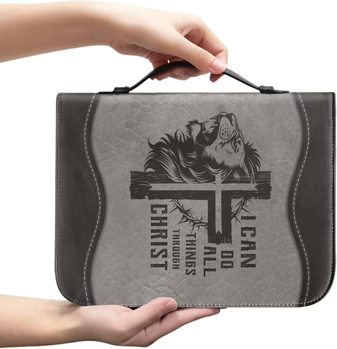 Vintage Cross and Lion Bible Case with Bookmark Waterproof Bible Cover Case for Women Lightweight Bible Bag with Handle Pockets Church Book Bag Grey