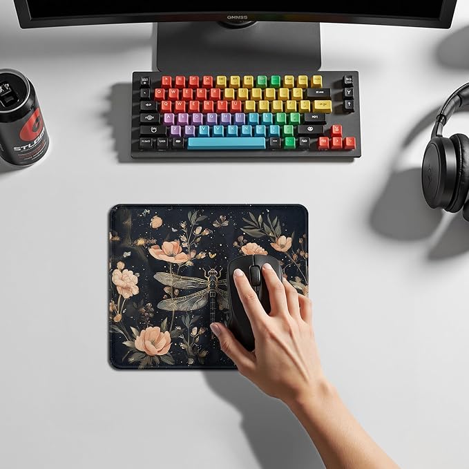 Vintage Boho Floral Dragonfly Mouse Pad, Dark Cottagecore Wildflower Botanical Round Mousepad for Home Office Computer Laptop Desk Accessories, Rustic Dragonfly Gifts, 7.9x7.9 Inch