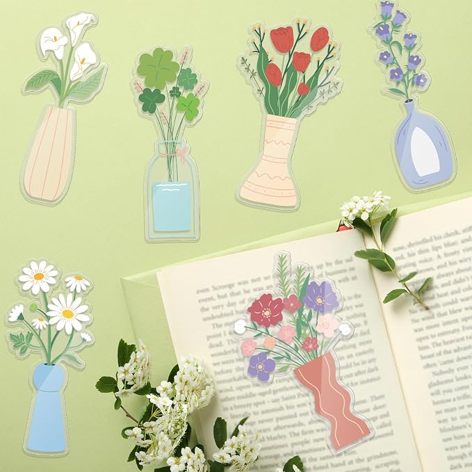 Honoson 6 Pcs Flower Vase Bookmarks Tea Garden Coquette Design Bookmarks Cute Hand Embroidered Gift for Women Mom Mother's Day Book Reading Lovers Gift
