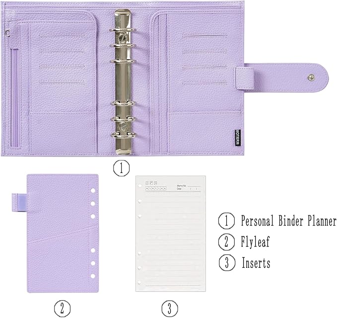 Moterm Personal Luxe Rings Planner - Genuine Leather Binder Organizer (30mm Ring, Pebbled-Lavender)