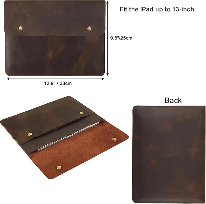 Leather Tablet Sleeve for 11/12.9/13 Inch iPad Pro, Document Holder Folio File Holder, Genuine Leather Sleeve iPad Case for Protection and Style-Dark Khaki-Custom
