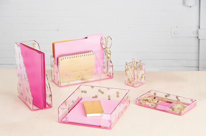 Deflecto Desklarity 5-Piece Set, Precisely Pineapple, Acrylic, Includes Pencil Cup, Organizer Tray, Letter Tray, Desk Valet, Magazine File (41695)