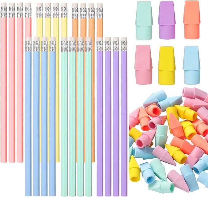 24sets/72pcs Wood-cased Macaron Pastel Colored Pencils, Aesthetic Cute #2 Eco Paper Pencil with 48 Pcs Top Erasers, Unsharpened Pencil Bulk Gifts for Birthday Party Favors Writing Drawing Office