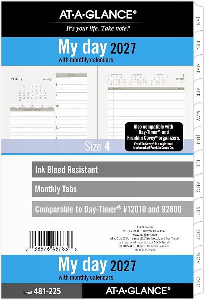AT-A-GLANCE 2027 Planner Refill Daily, 5.5" x 8.5", Desk Size 4, Two Page Per Day Refill, 7-Ring Loose-Leaf (481-225-27)