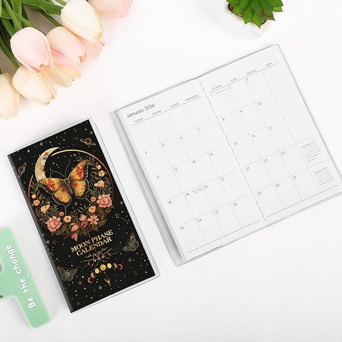 Pocket Calendar 2026-2027, Moon Phrase Purse Planner - 3.7" x 6.7" - Runs from January 2026 Until December 2027, 2026 Monthly Pocket Calendar with PVC Cover for Office