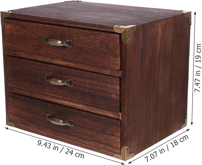 Alipis Wooden Desk Organizer, Wood Desktop Storage Cabinet Desk Drawer Organizer Vintage Treasure Box with Metal Handle for Home Office Counter Decor B