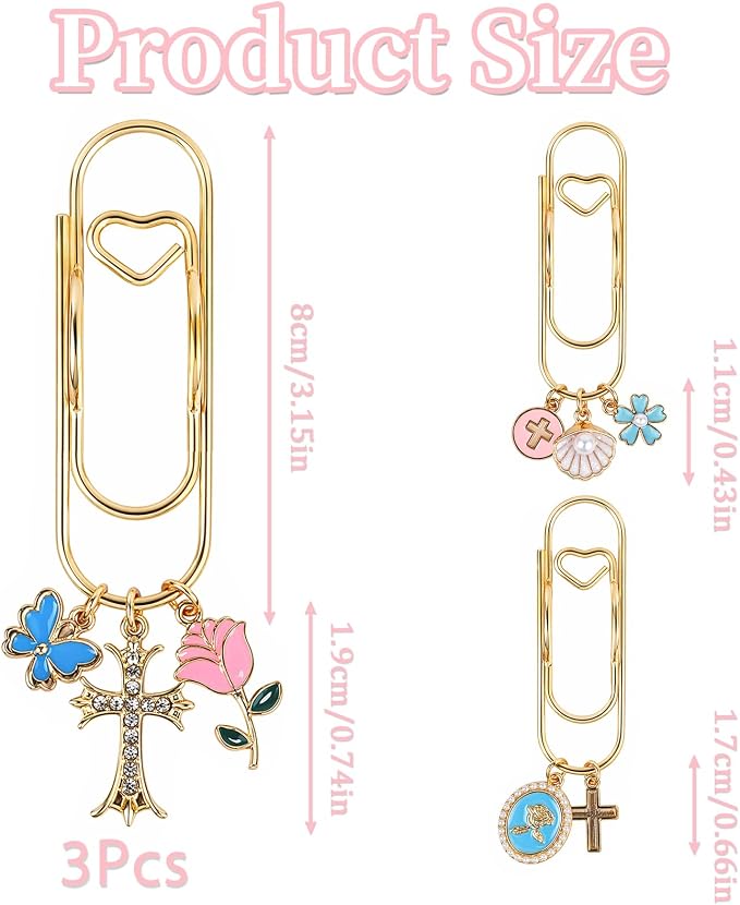 Wxiben Bible Paper Clip Bookmark - 3 Pcs Christian Metal Paperclip Pen Holder Book Mark with Charms Faith Page Marker Planner Decorative Paper Clips Gifts for Women Reading Book Lover Accessories