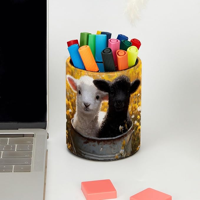 Cute Sheep Pen Holder Pencil Organizer for Desk, 3.1” x 3.1” x 3.9” Pencil Cup Office Supplies, Large Capacity Cute Pen and Makeup Brush Holder for Desktop, Home, School