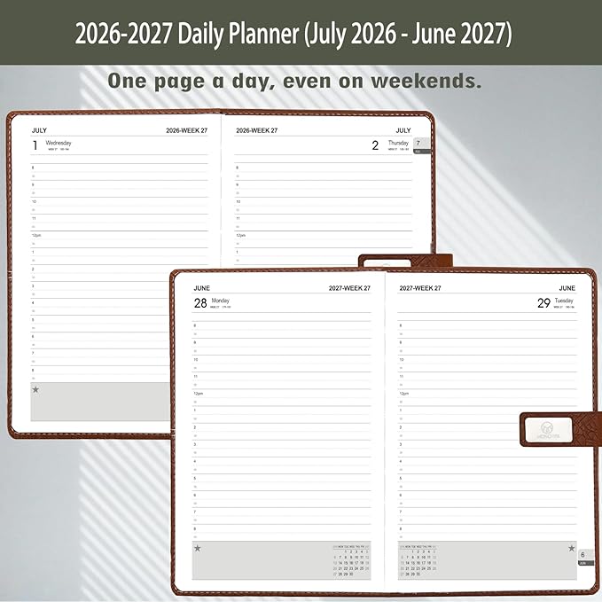 2026-2027 Daily Planner - One Page per Day, 2026-2027 Hourly Daily Calendar(July 2026 - June 2027), 5.7" x 8.26" Appointment Book, Leather Cover + Thick Paper (26-27 Blue)