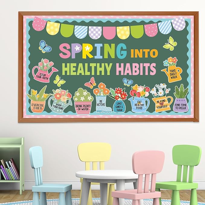 Spring Healthy Bulletin Board Set Spring Into Healthy Habits Classroom Decorations Colorful Flower Butterfly Flowerpot Paper Cutouts for School Party Nursery Chalkboard Home Office Wall Door Supplies