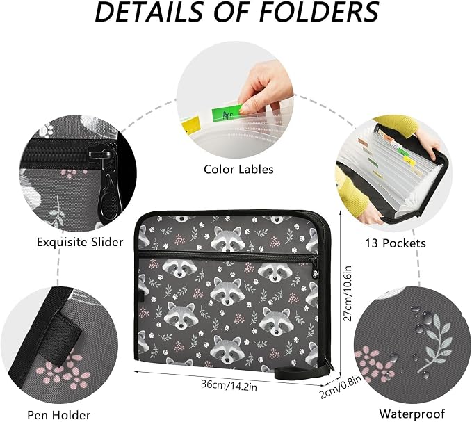 Expanding File Folder Raccoon Grey Accordion File Organizer 13 Pockets Document Organizer with Zipper Labels A4 Letter Office Storage