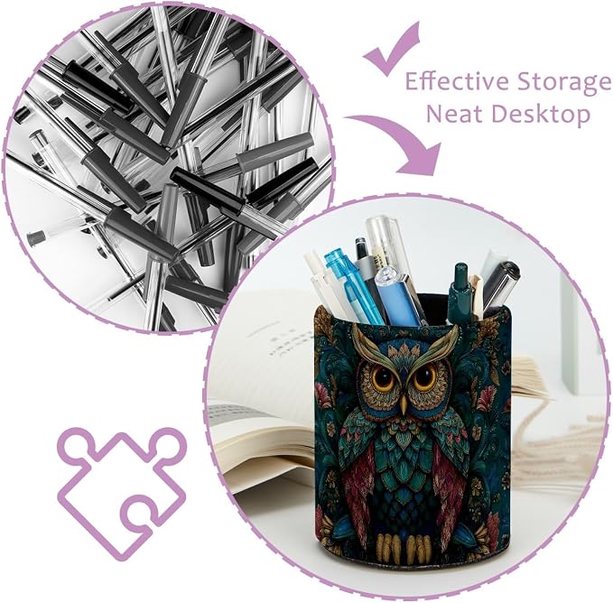 Vintage Owl and Flower Leather Pen Holder for Desk, Multifunctional Desktop Organizer Pencil Cup, Desktop Caddy Stationery Organizer for School Home Office Desk Accessories