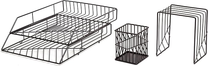 U Brands Vena Desk Organization Set, Office Supplies, Metal, Black, with Pencil Cup, Letter Sorter, Paper Tray, 4 Pieces