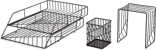 U Brands Vena Desk Organization Set, Office Supplies, Metal, Black, with Pencil Cup, Letter Sorter, Paper Tray, 4 Pieces