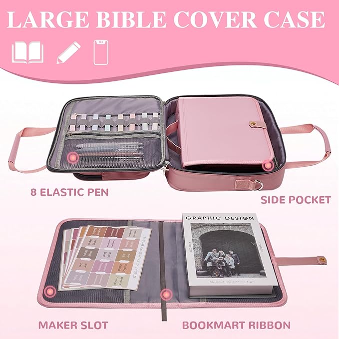 Waterproof Quilted Bible Cover with Leather Handle, Bible Study Supplies Includes 5 Black Pens, 12 Highlighters, 72 Tabs,Christian Gifts for Women(Pink)