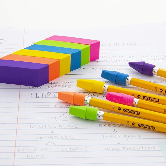 BAZIC Products Erasers, Neon Bevel Eraser, Latex Free, Large Size Block Erasers for Art Drawing School Office Teachers (6/Pack), 2-Packs