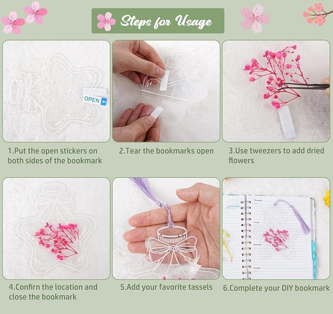 50 Pcs Bookmark Making Kit Transparent, Book Marks DIY Dried Flower Set, Include Clear Bookmarks, Colorful Tassels, Tweezer and Open Tags, Handmade Large Size Bookmark Page for Women