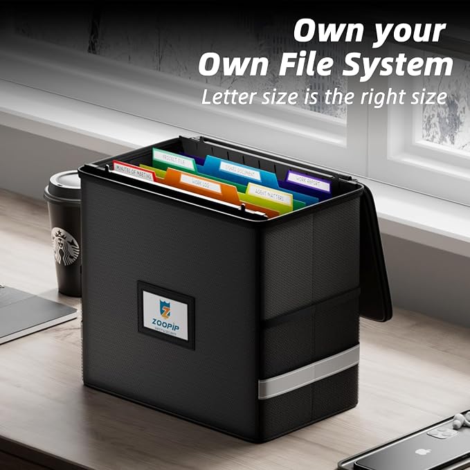 Fireproof File Box, 12.6''*7.8''*9.8'' | Hanging File Folders Included, 7x1.2" Accordion Pockets, Letter Size Organizer, Retractable Hook, 1/3-Cut Tab