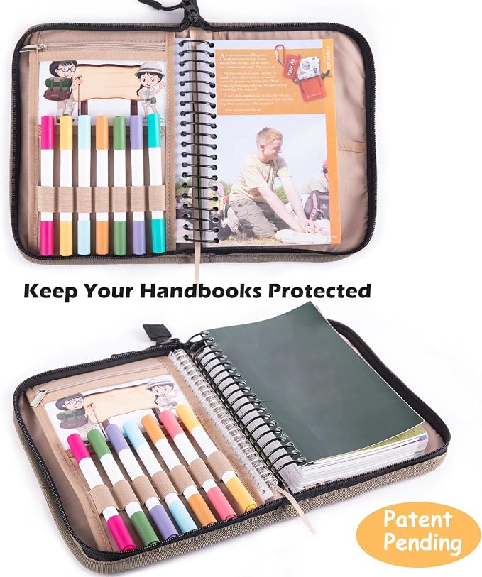 Handbook Book Cover Compatible with BoyScoouts Handbook with Amercan Flag Patch and Compass - Book Sleeve - Handbook Protector for Boys Girls
