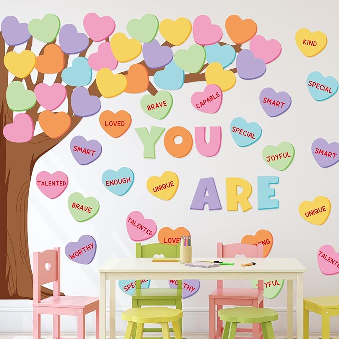 JarThenaAMCS 61Pcs Valentine's Day Classroom Bulletin Board Set Classroom Decoration Conversation Candy Heart Tree Cutout with Glue Points for School Wall Door Decor Party Supplies