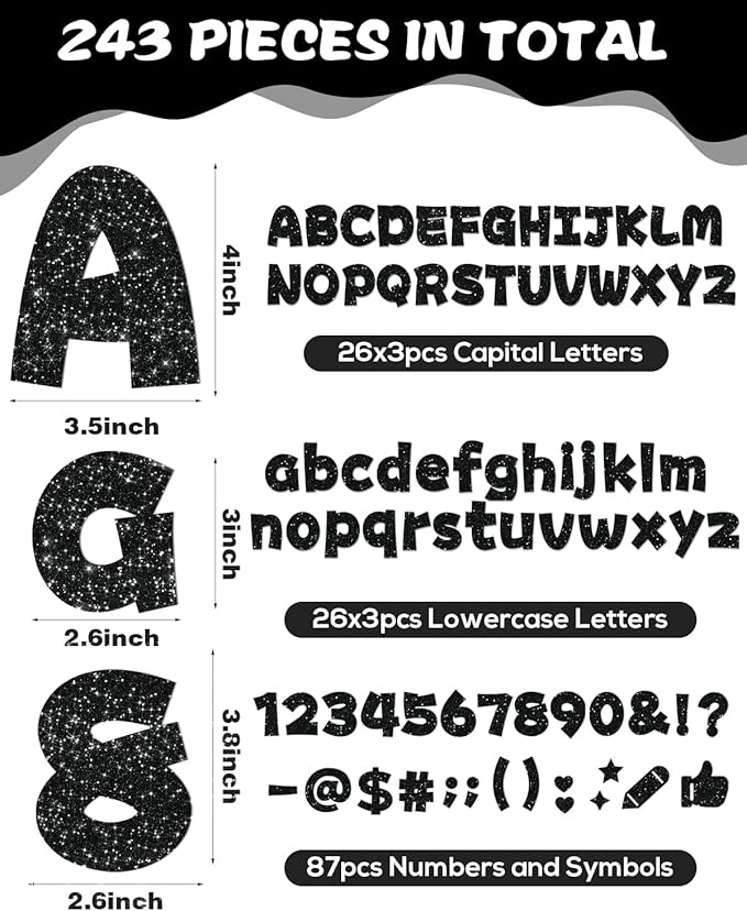 243 Pcs Glitter Bulletin Board Letters Set, 4 Inch Alphabet Poster Board Cardboard Cutouts with Numbers and Punctuation, Classroom School Wall Display Decorations (Black)