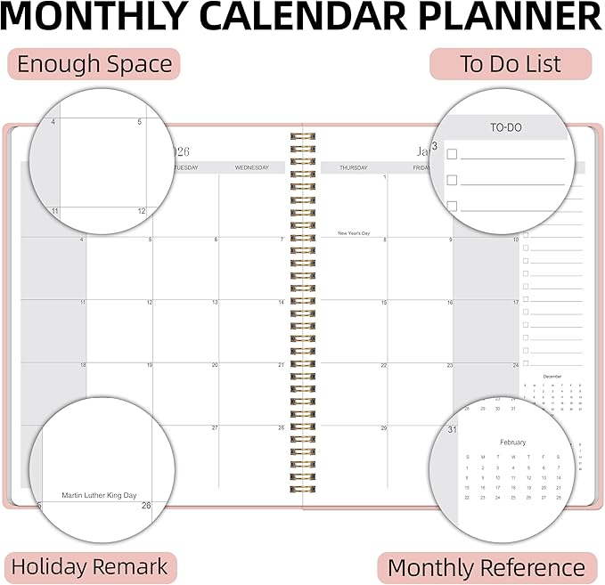 2026-2027 Monthly Planner, Jan 2026-June 2027, A4 (8.5" x 11"), 2 Year Monthly Planner, 24 month Calendar, Simple Calendar Planner Notebook Cardboard Cover, Suitable for Schools & Offices, Pink