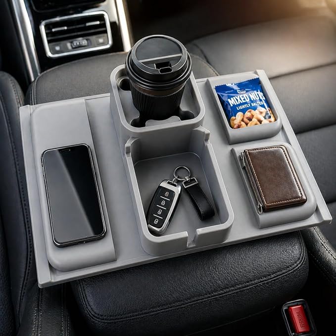 S V Adjustable Couch Armrest Tray with Cup Holder & Storage Pockets Non Slip Sofa Organizer for Drinks Phone Remote