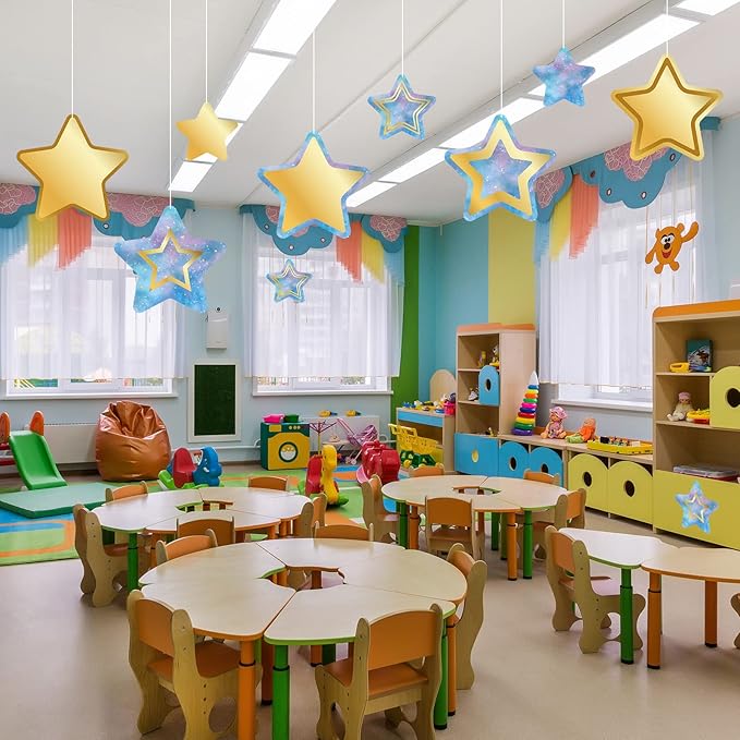 72 Pieces Galaxy Star Cutouts Gold Star Accents Name Tag Labels Paper Classroom Bulletin Board Decoration with Glue Points for Preschool Locker Wall Door Back to School Supplies(5.9 inch, 4 inch)