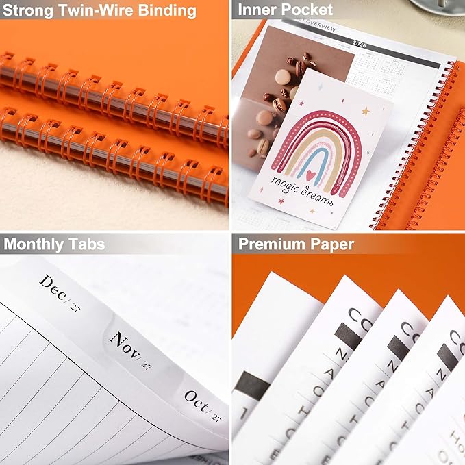 Monthly Planner 2026-2027 - JUL 2026 - DEC 2027, Monthly Calendar 2026-2027, 18 Month Planners with Tabs & Pocket & Label, Contacts and Passwords, 9" x 11", Thick Paper, Twin-Wire Binding - Orange
