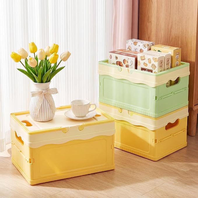 2 Pcs Pastel Plastic Collapsible Storage Crates with Lids and Handle Collapsible Picnic Basket Stackable Storage Bins Cute Foldable Container for Home Kitchen Office Bathroom(Green,Yellow)