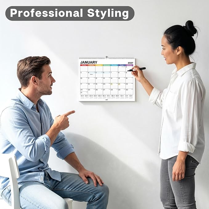 Dunwell 12x15 Wall Academic Calendar 2026-2027 (Colorful), Use July 2026 to December 2027, Large Lined 12 x 15 Monthly Hanging Calendar, Professional Styling for Home Office or School, Premium Paper