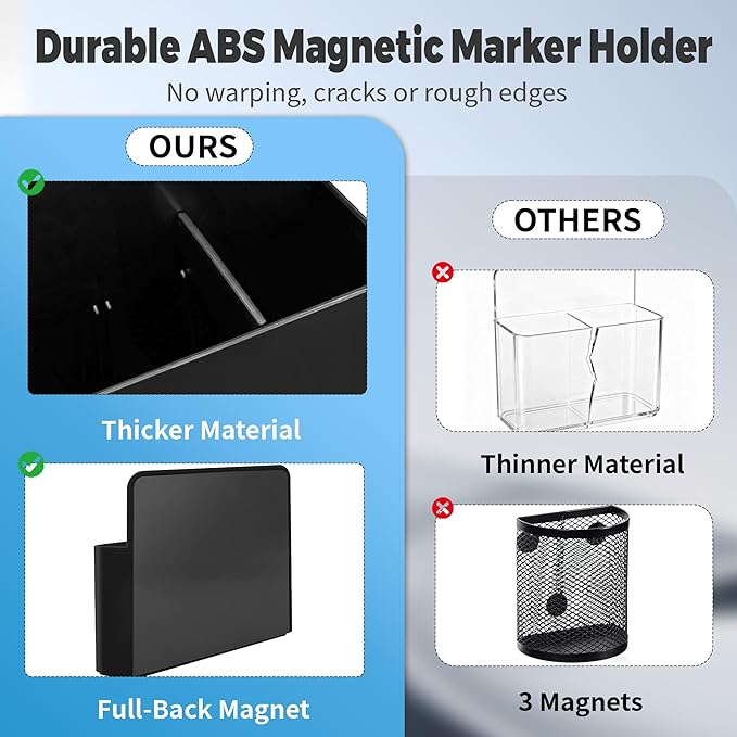 2 Pack Magnetic Pen Holder for Refrigerator & Whiteboard, Full-Back Magnet Dry Erase Marker Holder with Adjustable Divider, Magnetic Marker Holder for White Board Office Desk Locker Accessories, Black