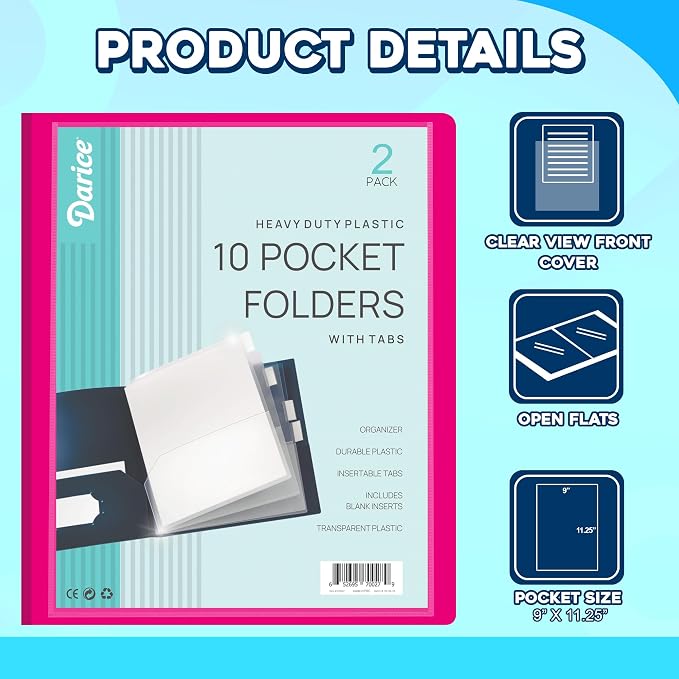 Darice 2 Pack 10 Pocket Folder - Double-Sided Multi Pocket Folder - Letter Size Paper Organizer for Office School - Pink & Blue