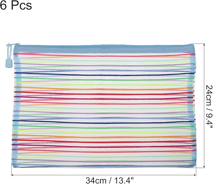 MECCANIXITY Mesh Zipper Pouches, A4 Colorful Pencil Case Document File Bags Storage Organizer for Office Supply Travel Accessory, Sky Blue Pack of 6