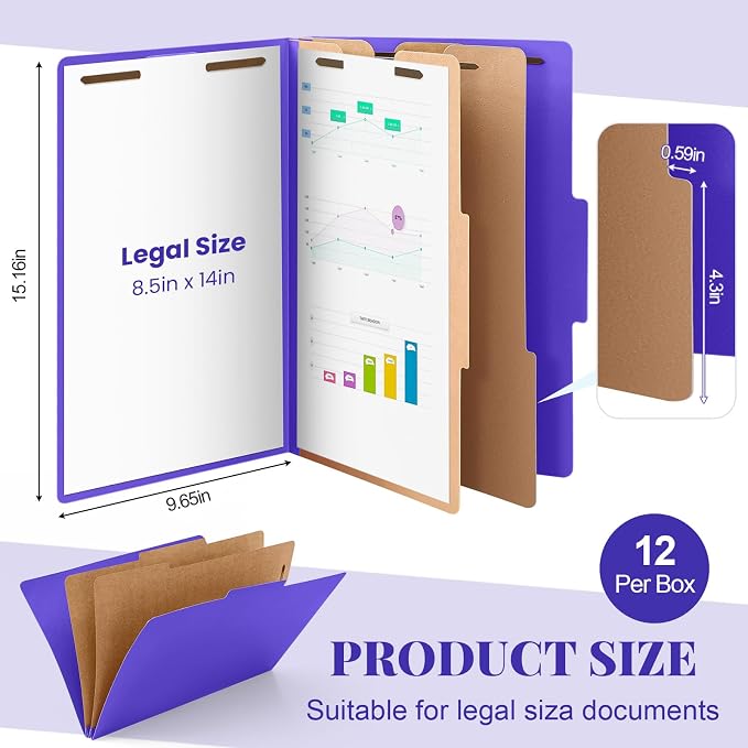 AmazingSpark 12 Pcs Legal Size Classification Folders 2 Divider, Bulk Pressboard File Folder with Expansion 2 Prongs Fastener Heavy Duty Office File Organizer for School Hospitals Home(Purple)