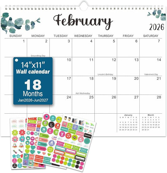 2026-2027 Wall Calendar - 18 Months (Jan 2026 - Jun 2027), 14" x 11" Colorful Printed Calendar with 1.9"x1.8" Daily Writing Space, Holiday Reminders & 4 Stickers for Home/Office Planning