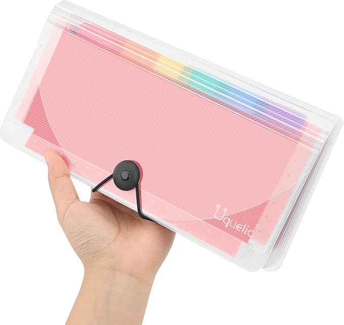 Uquelic 2 Pack File Organizer Stand -13 Pockets Expanding Coupons File Folder Organizer Storage, Rainbow Large Capacity Coupon Organizer with Label, Business Check Binder (Double Clear)
