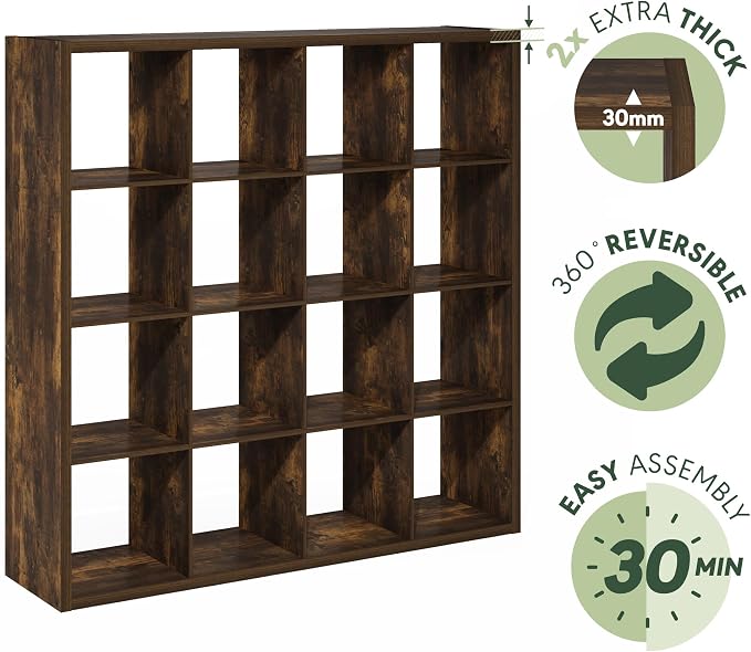 Furinno Cubicle Book Shelf, 16-Cube Bookshelf, Extra Thick Frame Reversible Bookcase with Open Back, 14.6" x 58" x 58", for Living Room, Bedroom, Home Office, Amber Pine