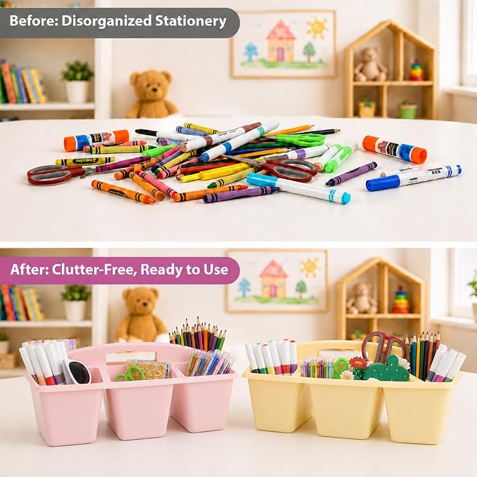 6 Pack Assorted Colors 6 Compartment Classroom Caddy with Handle Portable Plastic Storage Classroom Caddies Organizer for Classrooms Supply Teacher Office Table Desk(Pink Purple)