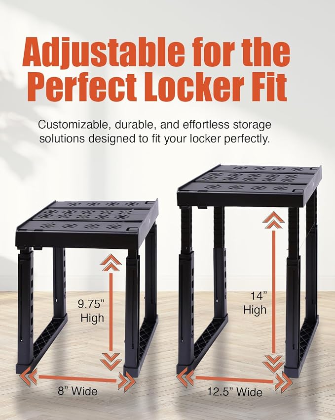 Piffny Locker Organizer Shelf, Adjustable Width and Height, Stackable, 2 Pack, Ideal Locker Shelf for School, Office, Gym Lockers, or Even Kitchen Cabinets & Under Sink Organization (Black)