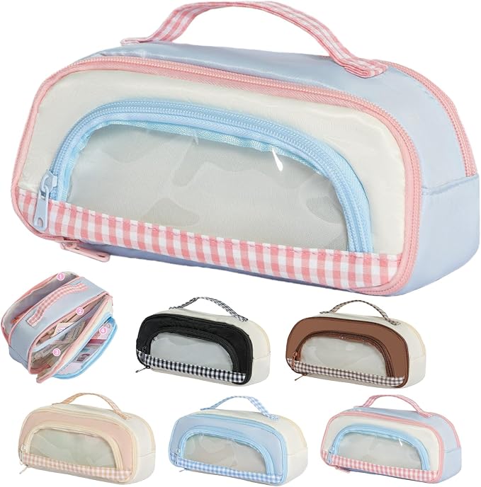 Cute Kawaii Pencil Case Pouch Sweet Check Window Pen Box Holder Organizer for Office Workspace Supplies Desk Accessories Travel Essentials Aesthetic Trendy Cool Stuff Gift Handy Handle (Pink)