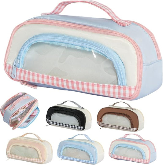 Cute Kawaii Pencil Case Pouch Sweet Check Window Pen Box Holder Organizer for Office Workspace Supplies Desk Accessories Travel Essentials Aesthetic Trendy Cool Stuff Gift Handy Handle (Pink)
