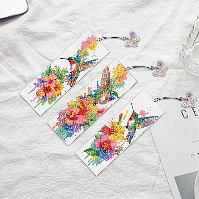 3Pcs DIY Diamond Art Painting Bookmarks with Colorful Butterfly Pendant PET Bookmark Ornament Double Sided Pattern Single Sided Diamond Book Marker Clip Gifts Tags-Flower Hummingbird