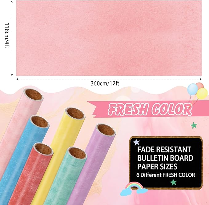Skyygemm 6 Rolls Bulletin Board Paper Fade Resistant Colored Bulletin Board Paper Roll Bulk for Art Decor Drawing Craft Painting(4 x 12 ft,Watercolor)