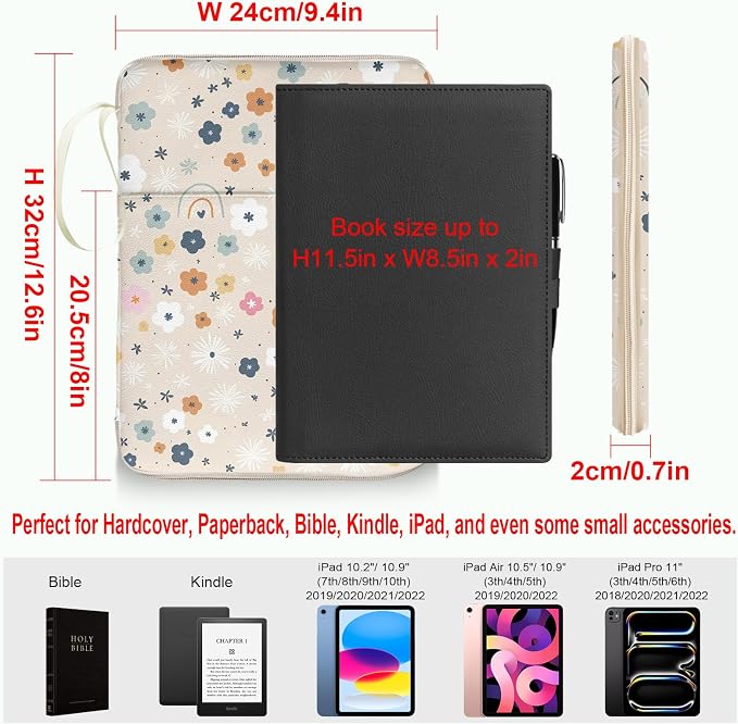 Rainbow Book Sleeve Pouch with Zipper, Paperback Book Protector Case,PU Leather Waterproof Book Pouch,Cute Floral Print Travel Book Carrying Case for Book Lovers Women,Book Cover for Hardcover