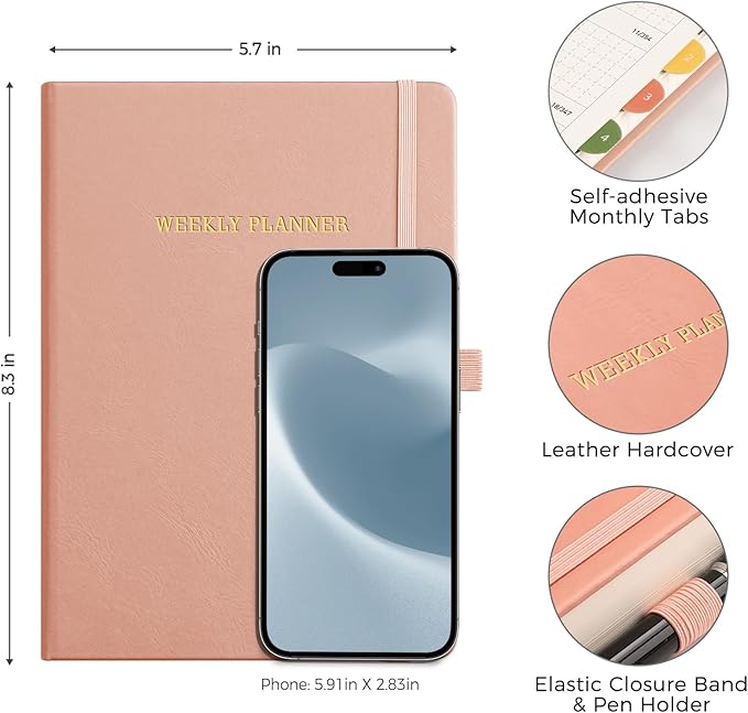 Undated Appointment Book, Hourly, Daily, 52 Weekly & 12 Monthly Planner, 6 AM - 8 PM, Medium Size (5.7" x 8.3"), Leather Hardcover, 12 Self-adhesive Monthly Tabs (Pink)